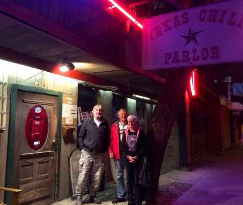 Happy campers after our exceptional meal The Texas Chili Parlor. Great old time atmosphere!